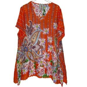 Johnny Was 100% Silk Floral Printed Tunic Top 2X Orange Handkerchief Hem Flowy